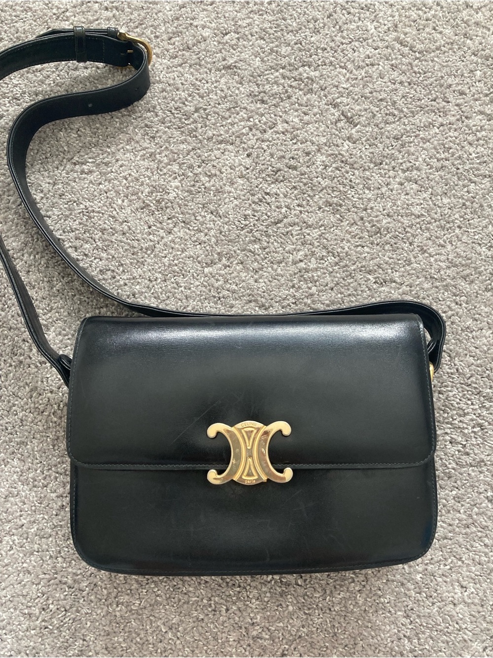 Celine Black Leather Shoulder Crossbody with Gold Triomphe Clasp
